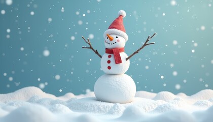 Fototapeta premium Cheerful snowman in a red hat and scarf stands on a snowy landscape under a light snowfall.