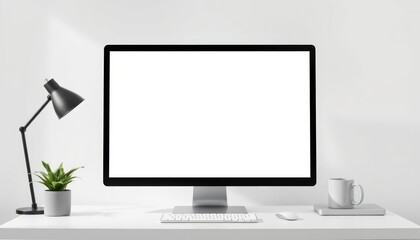 Computer with blank screen on white table in an office, Modern workspace with blank white computer screen, coffee cup and plant on white table, Computer with blank screen, keyboard, mouse and plant.