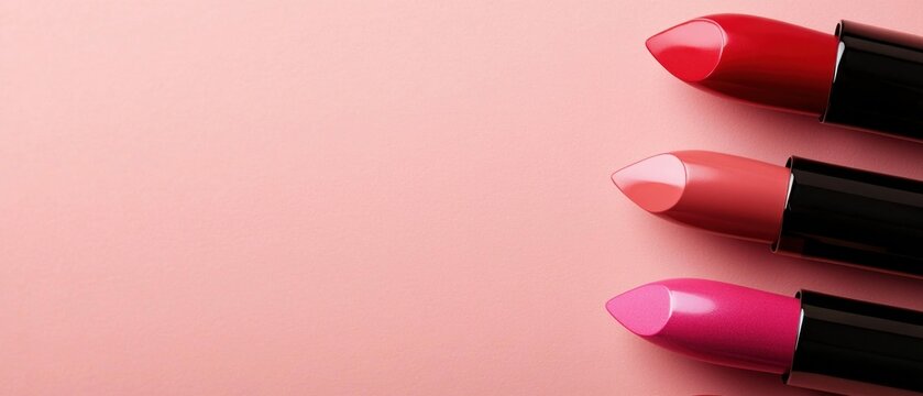 Three Lipsticks Arranged on a Pink Background