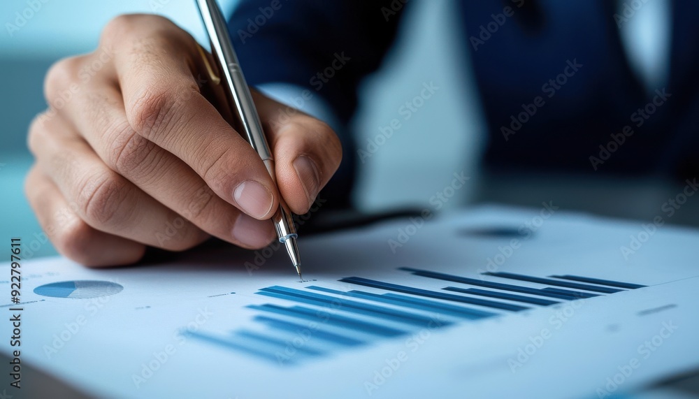 Poster a business professional analyzes growth data using a pen and chart, emphasizing productivity and str