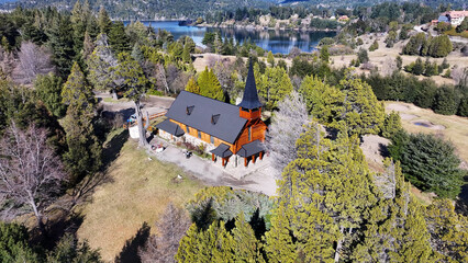 San Eduardo Chapel At San Carlos De Bariloche In Rio Negro Argentina. Snowy Mountains. Chico...