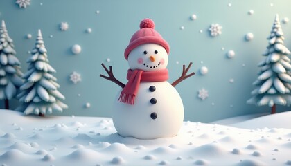 Obraz premium Cheerful snowman with a red hat and scarf in a snowy winter wonderland.