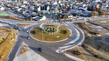 Ushuaia Roundabout At Ushuaia In Fin Del Mundo Argentina. Roundabout Landscape. Travel Background....