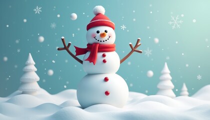 Cheerful snowman with a red hat and scarf standing in a snowy winter wonderland.