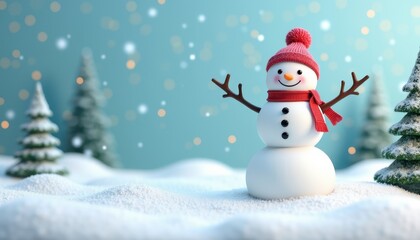 Obraz premium Cheerful snowman with a red hat and scarf, standing in a snowy landscape with evergreen trees.