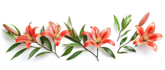 Obraz premium Orange Lily Flowers and Green Leaves on White Background