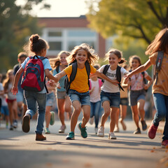 Children Excitedly Reuniting With Friends in the Schoolyard.