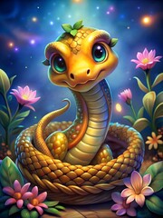 Cute cartoon golden snake in a wicker basket with flowers on a blue glowing background