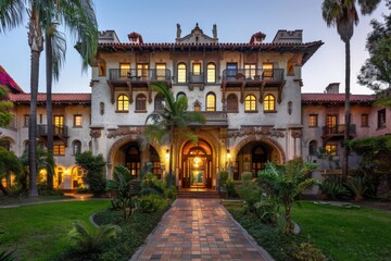 Fototapeta premium Building at Mediterranean coast. Maybourne Beverly Hills, New York hotels and modern apartment buildings. AI generative illustration of facade exterior design.