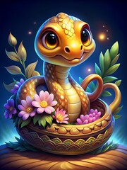 Cute cartoon golden snake in a wicker basket with flowers on a blue glowing background