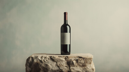 Blank Mockup of a Wine Bottle on a Gray Background Standing on a Large Gray Stone