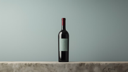 Blank Mockup of a Wine Bottle on a Gray Background Standing on a Large Gray Stone