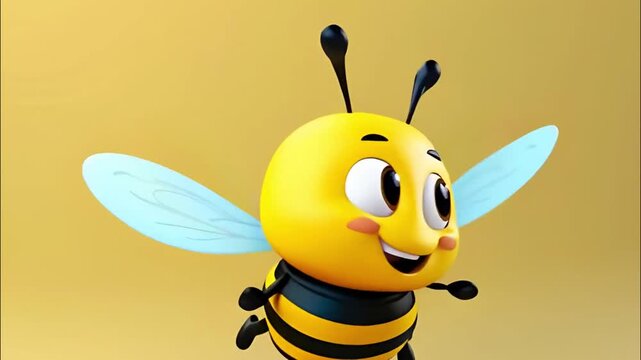 4K Video of a 3d Cartoon Honey Bee Flying Through the Air in a Fun, Colorful Animation &ndash; Cute and Cheerful Bee Character Buzzing Around in Flight, Perfect for Kids' Content, Educational Videos,