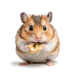 A tiny hamster holding a piece of food, centered on a white background, emphasizing its small size and endearing qualities