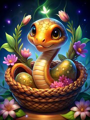 Cute cartoon golden snake in a wicker basket with flowers on a blue glowing background