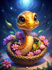 Cute cartoon golden snake in a wicker basket with flowers on a blue glowing background
