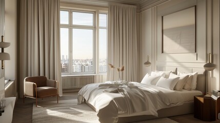 Luxury boutique hotel bedroom, king-sized bed, luxury linens, soft ambient light, minimalistic decor, contemporary artwork, wooden floors, architectural details