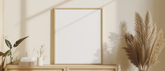 Blank Canvas in a Minimalist Interior with Dried Pampas Grass and Plants
