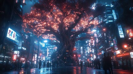 Obraz premium The City of Light adorned by a large branched tree picture
