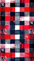 Naklejka premium A vibrant quilt showcases a checkerboard pattern of red, black, white, and floral designs