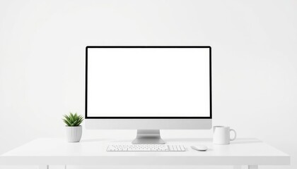 Computer with blank screen on white table in an office, Modern workspace with blank white computer screen, coffee cup and plant on white table, Computer with blank screen, keyboard, mouse and plant.