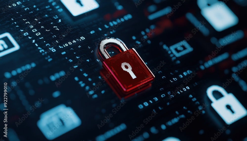 Poster a close-up of a digital red padlock on a circuit board, symbolizing data security and protection aga