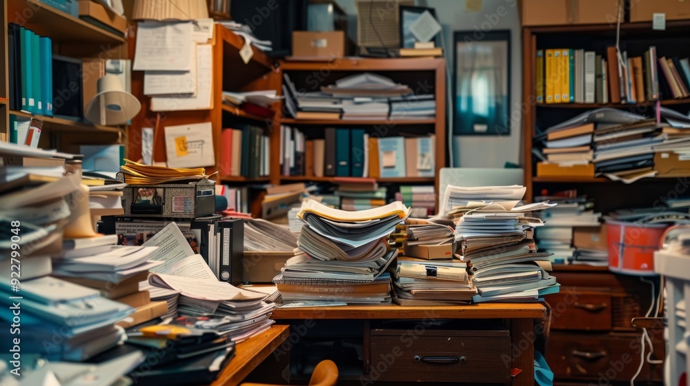 Poster a chaotic office space with an overflow of documents and reports spilling out of a desk drawer, illu