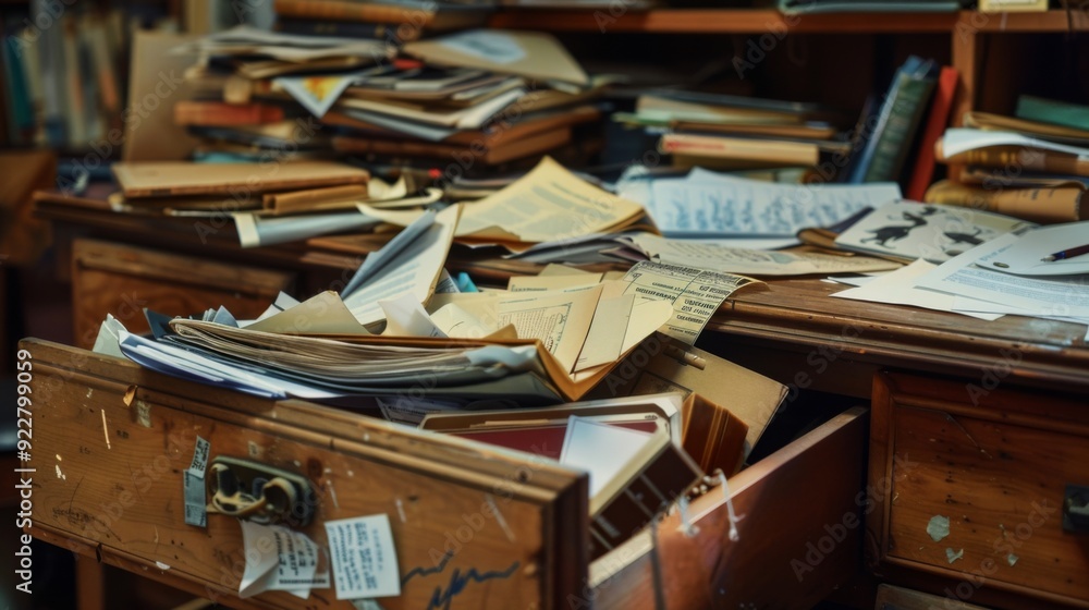 Poster a chaotic office space with an overflow of documents and reports spilling out of a desk drawer, illu