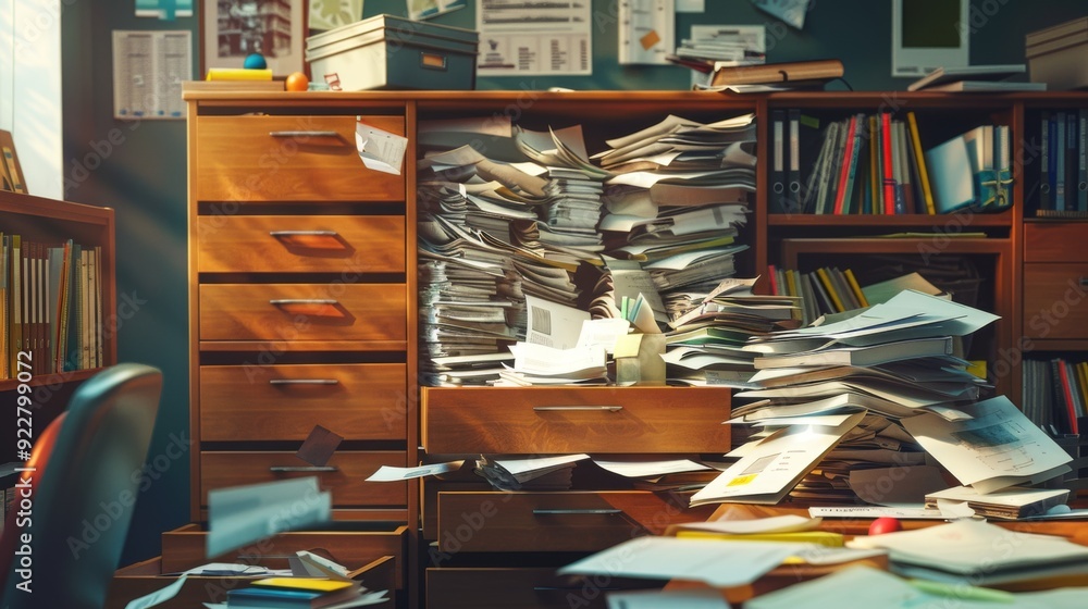 Poster a chaotic office space with an overflow of documents and reports spilling out of a desk drawer, illu