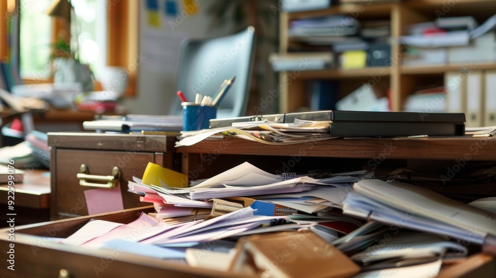 Poster a chaotic office space with an overflow of documents and reports spilling out of a desk drawer, illu