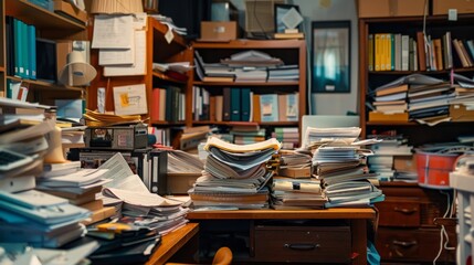 A chaotic office space with an overflow of documents and reports spilling out of a desk drawer, illustrating a cluttered work environment.