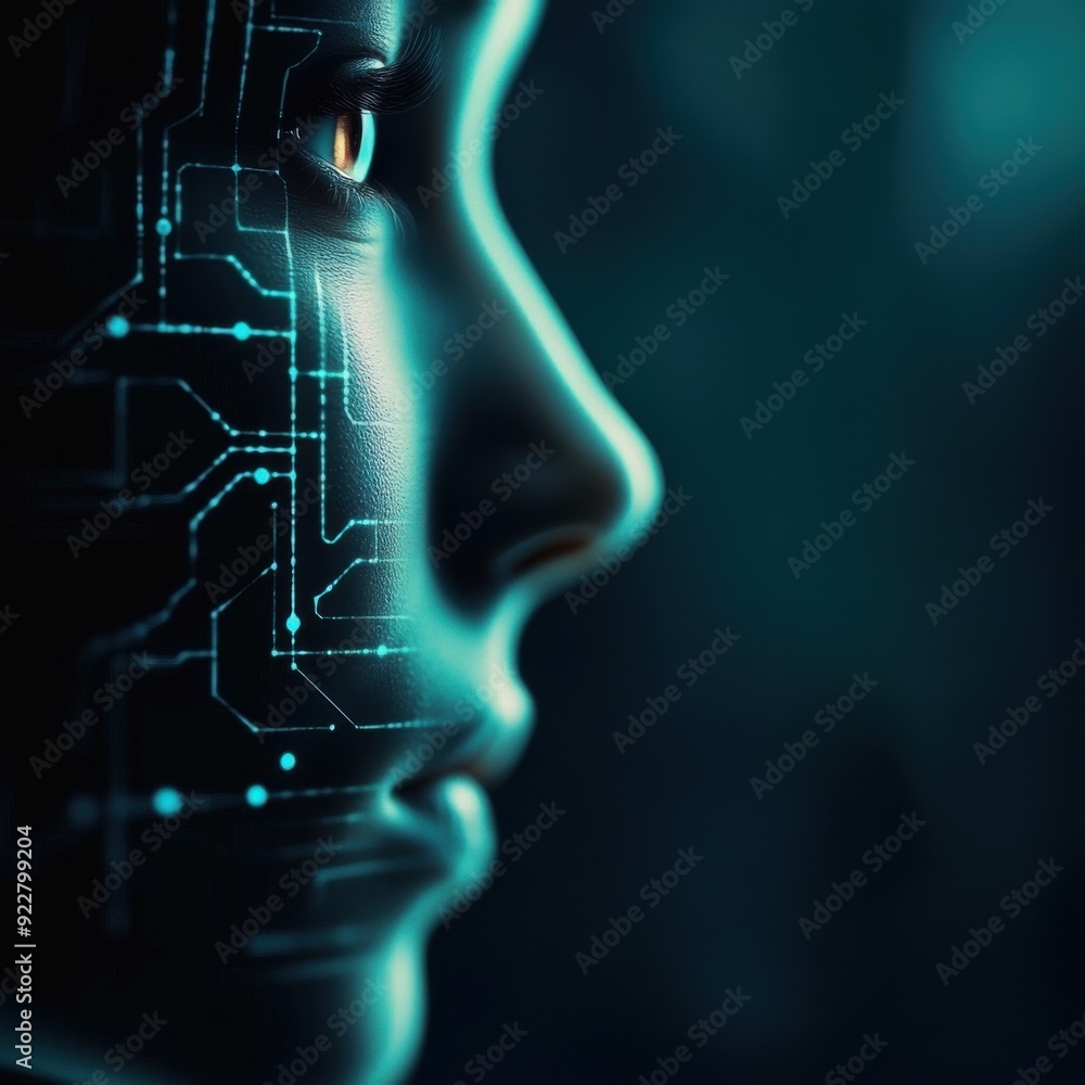 Poster a close-up of a futuristic robotic face with intricate circuit patterns, symbolizing the blend of te