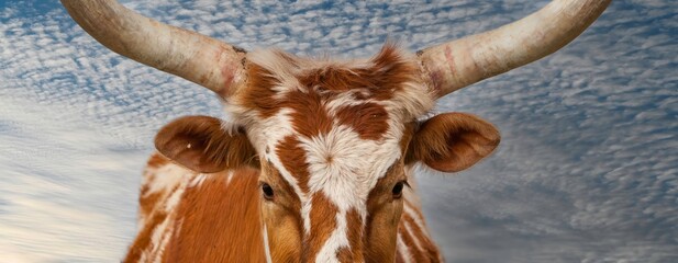 A closeup of the head of a Texas longhorn cow in a pasture in the Oklahoma panhandle.