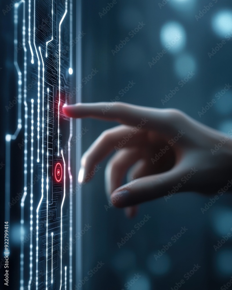 Poster a close-up of a hand interacting with a digital interface, showcasing modern technology and user eng