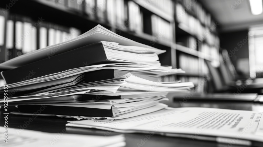Poster a close-up view of a stack of official documents and reports, piled on a desk, symbolizing bureaucra
