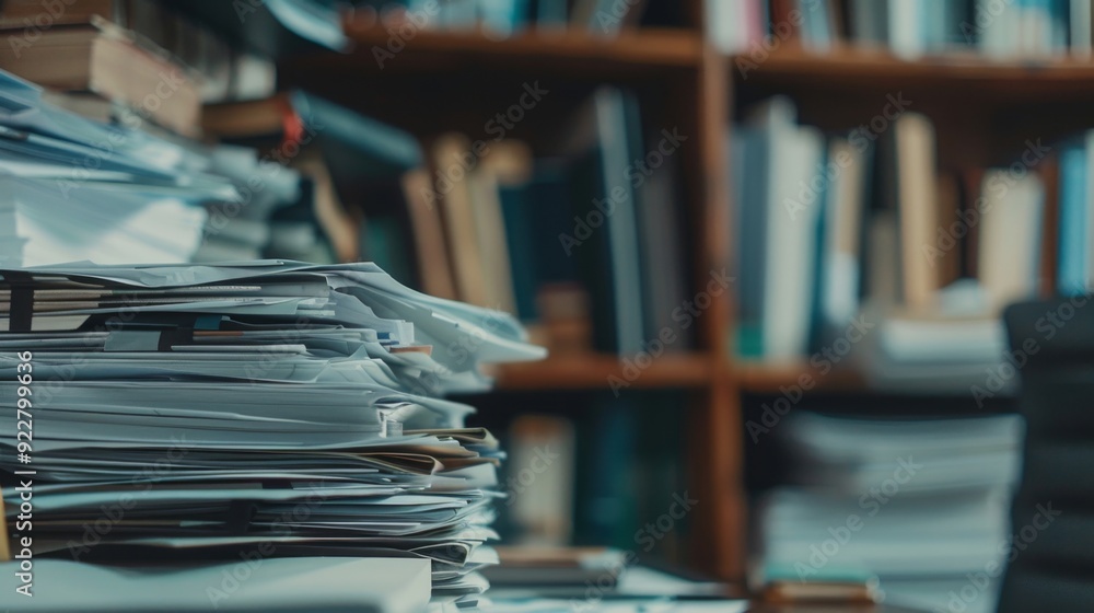 Poster a close-up view of a stack of official documents and reports, piled on a desk, symbolizing bureaucra
