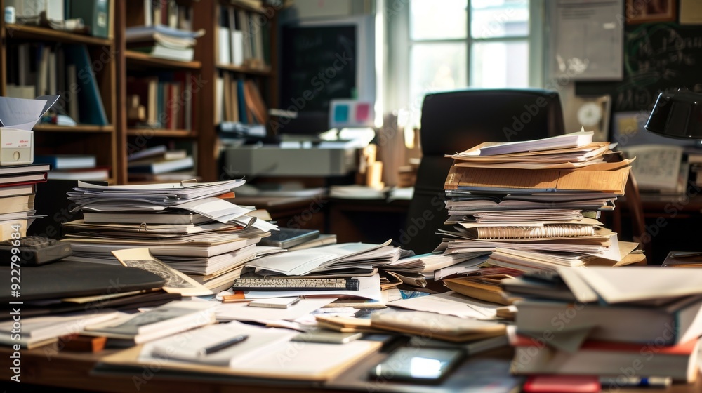 Poster a cluttered desk with an overflow of documents and papers, creating a chaotic and disorganized work 