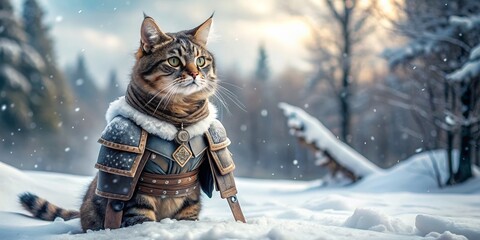 Viking cat wearing armor in a snowy winter landscape, viking, cat, armor, winter, warrior, pet, feline, snow, cold