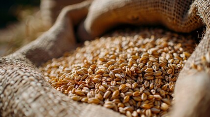 A close-up of wheat grains pouring out of a sack, symbolizing abundance and the harvest season.