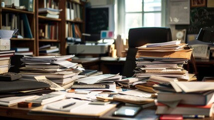 Fototapeta premium A cluttered desk with an overflow of documents and papers, creating a chaotic and disorganized work environment.