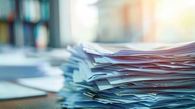 A close-up view of a stack of official documents and reports, piled on a desk, symbolizing bureaucracy and administrative burden.