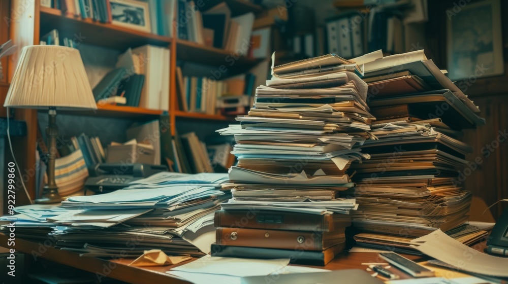 Poster a desk piled high with an overflow of documents and reports, creating a sense of overwhelming admini