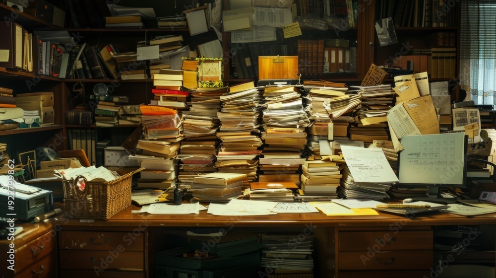 Poster a desk piled high with an overflow of documents and reports, creating a sense of overwhelming admini
