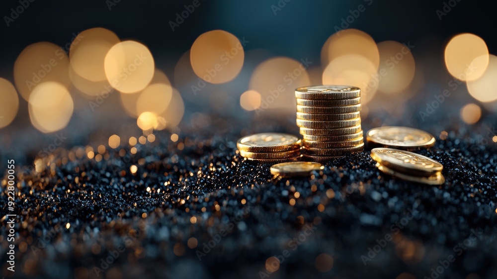 Poster a close-up of shining coins stacked against a blurred, sparkling background, symbolizing wealth and 