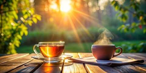 Morning routine of drinking tea and meditating in sunlight, inner peace, morning, tea, meditation, relaxation