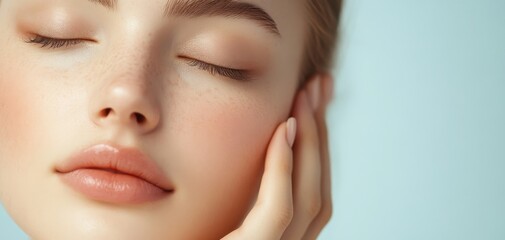 Obraz premium A close-up portrait of a serene young woman with flawless skin, showcasing beauty and calmness in a soft blue background.