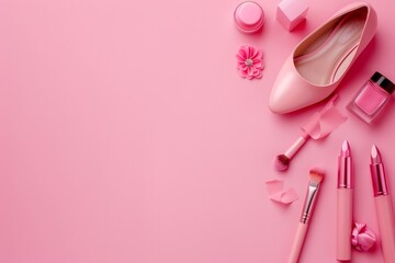 A layflat image of pink products for women's fashion and cosmetics.