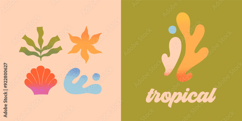 Wall mural vector abstract summer nature elements.hand drawn palm,sun,coral,seashell,wave.modern graphic in nai