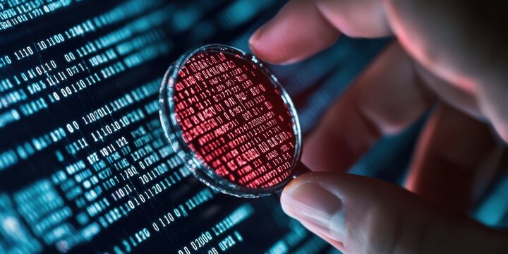 A close-up view of a hand using a magnifying glass to analyze encrypted data on a digital screen.
