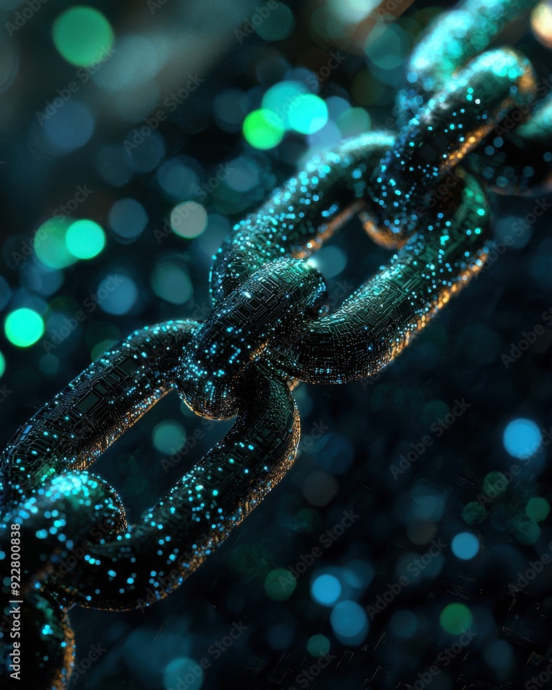 Poster a close-up view of a shimmering chain, sparkling against a backdrop of colorful bokeh lights, showca